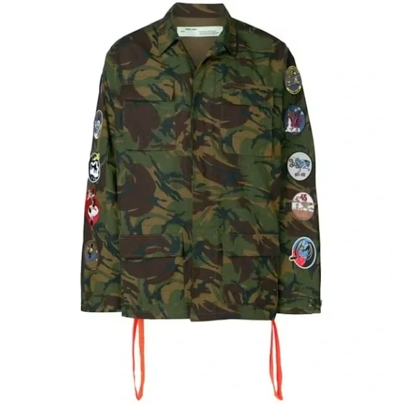 Off-White Camouflage Jacket with Patches and Orange Accents